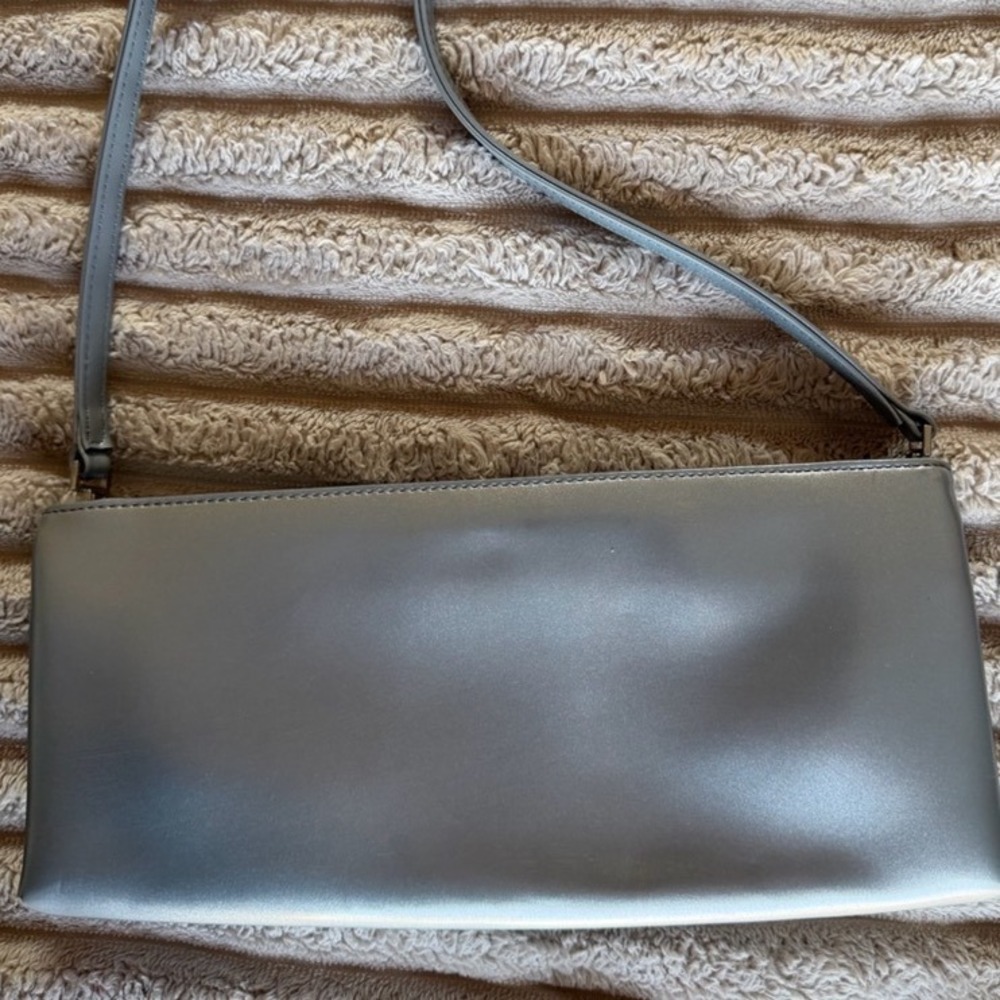 Antonio Melani Silver Metallic Leather Shoulder Bag Crossbody Rectangular Clutch